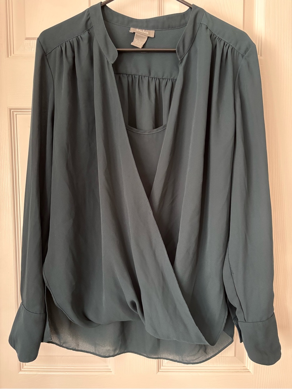 Neiman Marcus Drapey Blouse in Deep Teal Green
